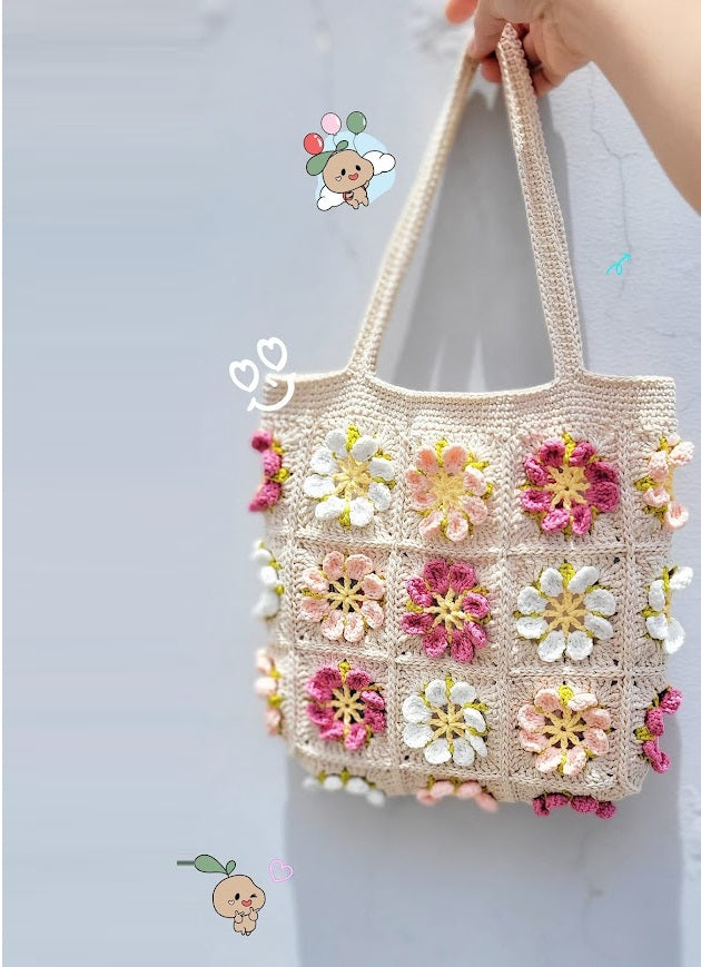 Tote bag, Crochet Granny square bag, handmade shoulder bag, pink flower summer bag, Gift for woman, Beach summer bag