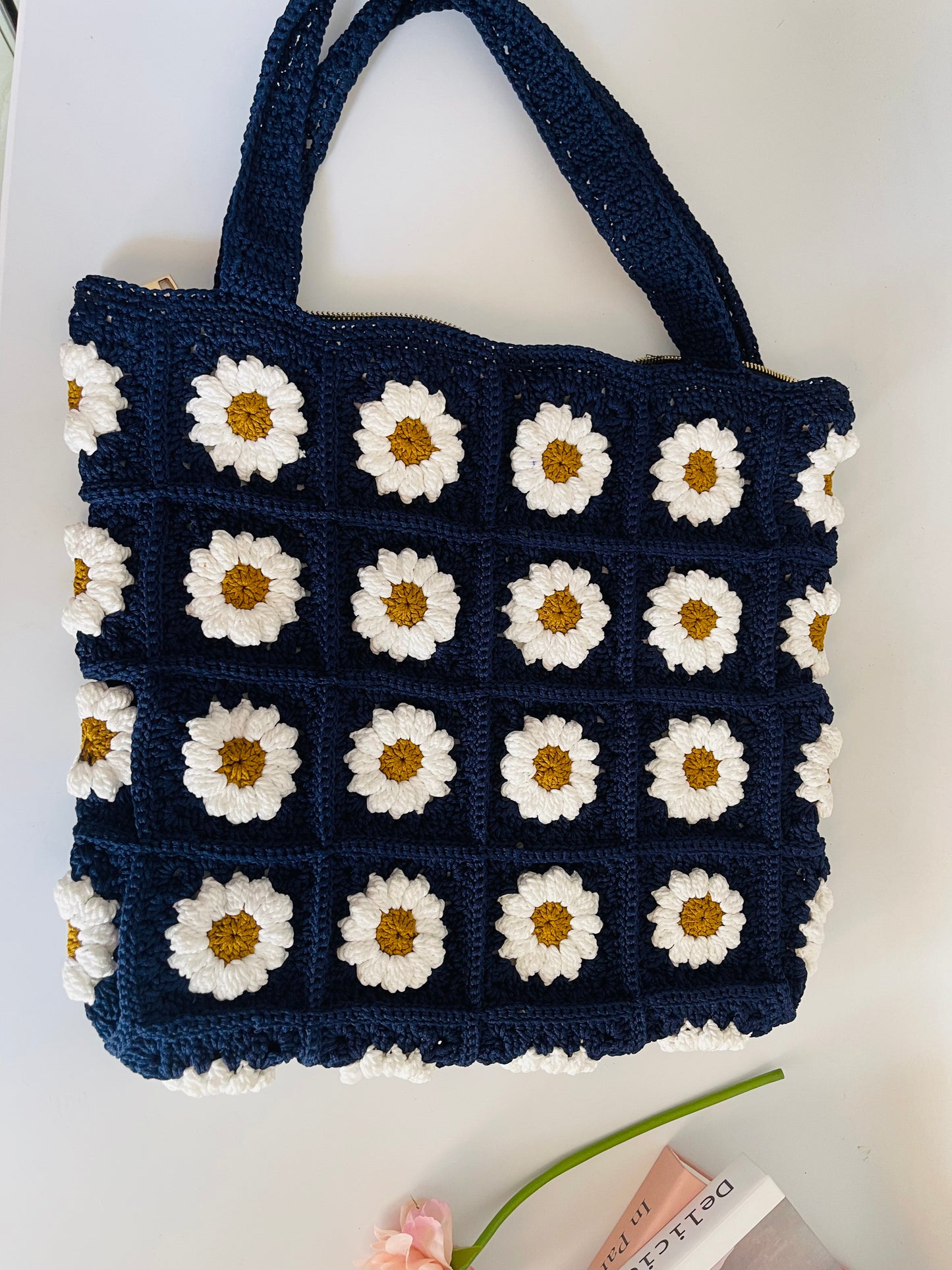 Puff flower crochet bag, handmade bag, beaded pearl strap floral bag, gift for girl woman, mother day gift